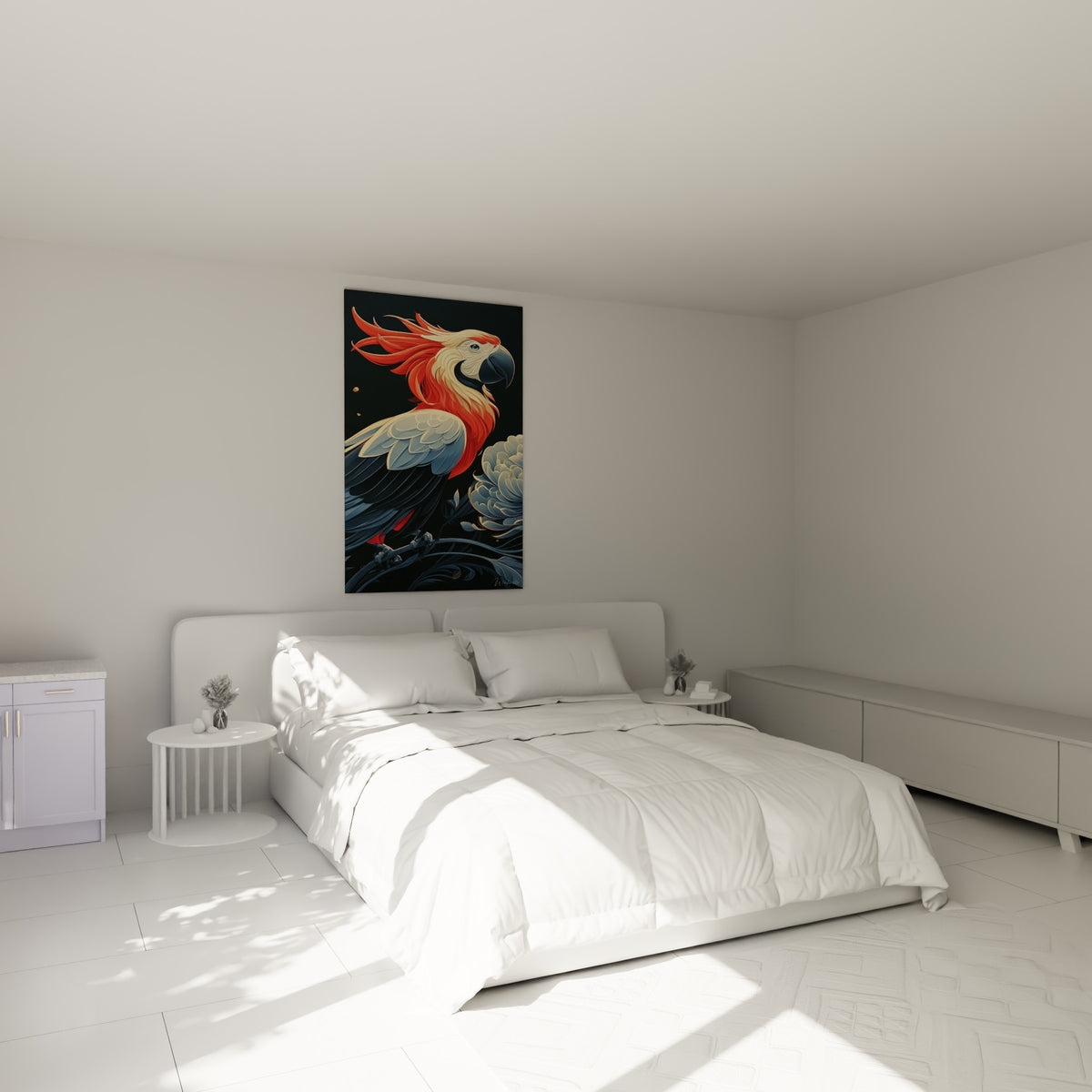 Silhouette de perroquet rouge flamboyant et fleur bleu pastel au-dessus d'un lit dans une chambre claire