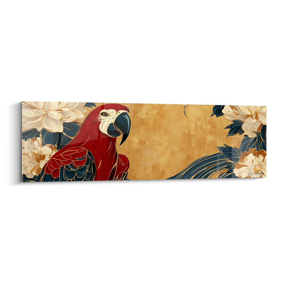 Tableau Perroquet rouge sur fond doré et pivoines - Jardin impérial - Edition Perroquet