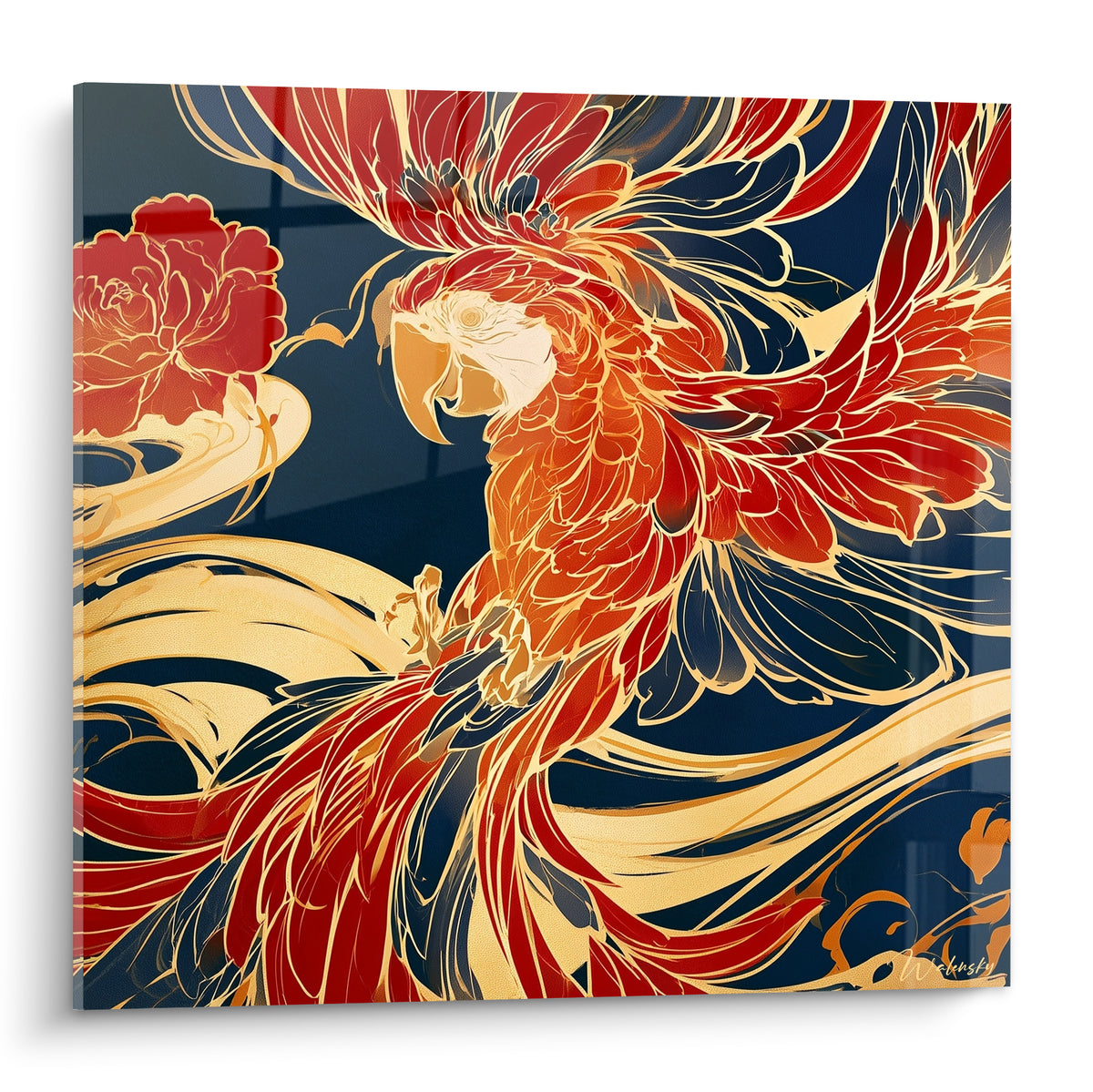 Perroquet écarlate aux plumes déployées, rouge et doré sur fond bleu marine, style ornemental.