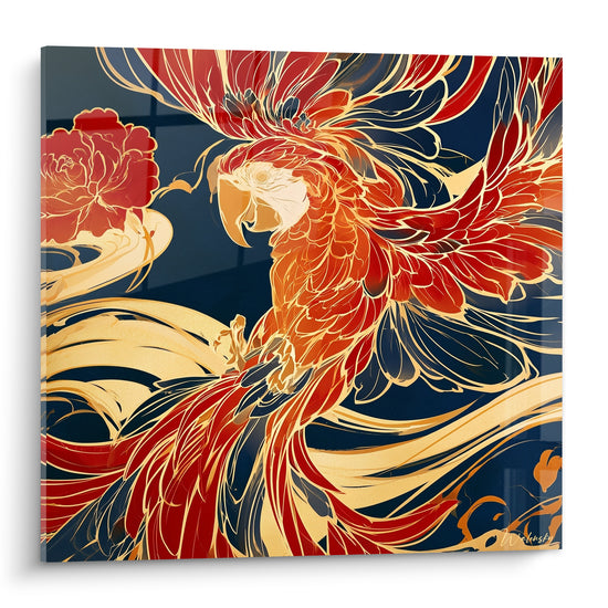 Perroquet écarlate aux plumes déployées, rouge et doré sur fond bleu marine, style ornemental.