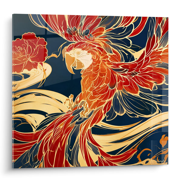 Tableau Perroquet écarlate aux volutes dorées - Envol flamboyant - Edition Perroquet