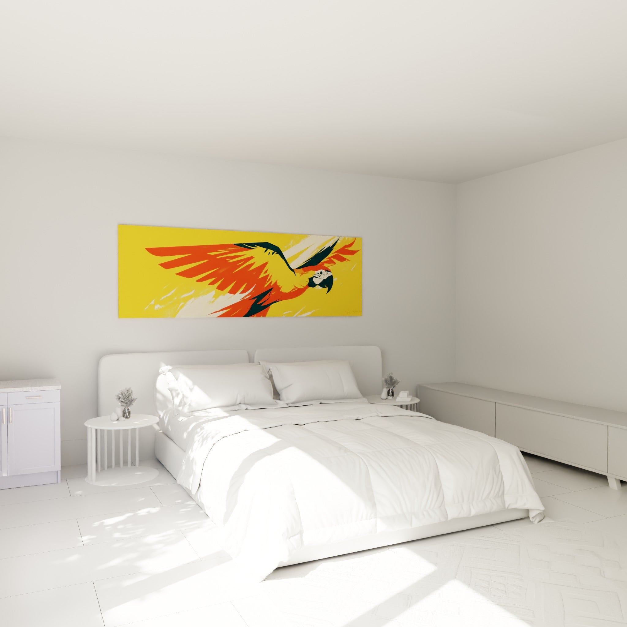 Envol du perroquet jaune et rouge fauve, accroché au-dessus d'un lit dans une chambre claire