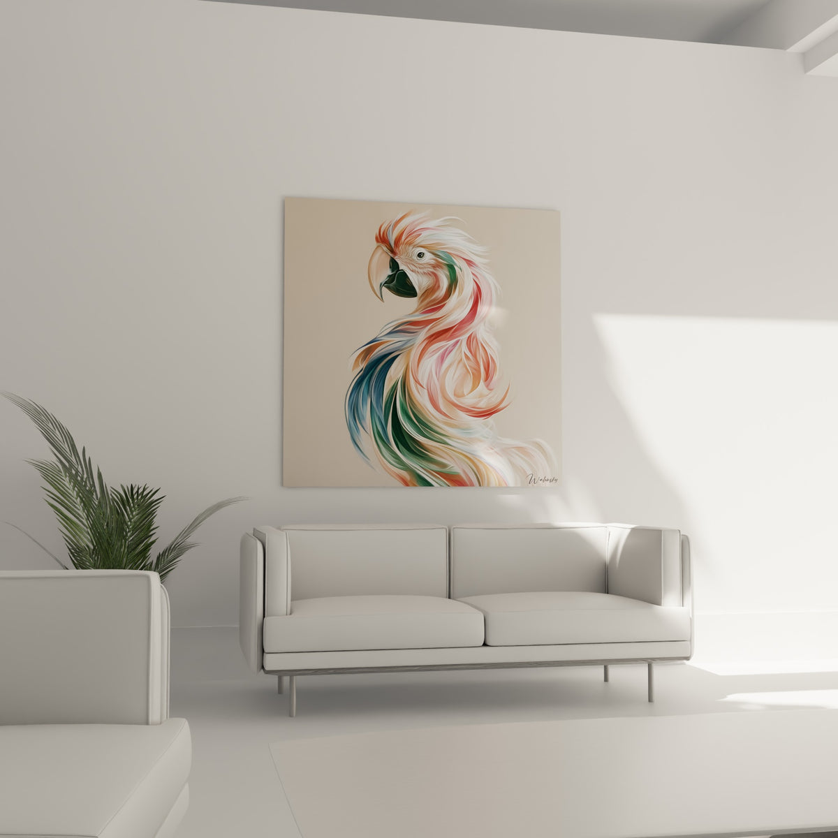 Oiseau coloré aux teintes terracotta et bleu marine au-dessus d'un canapé dans un salon lumineux