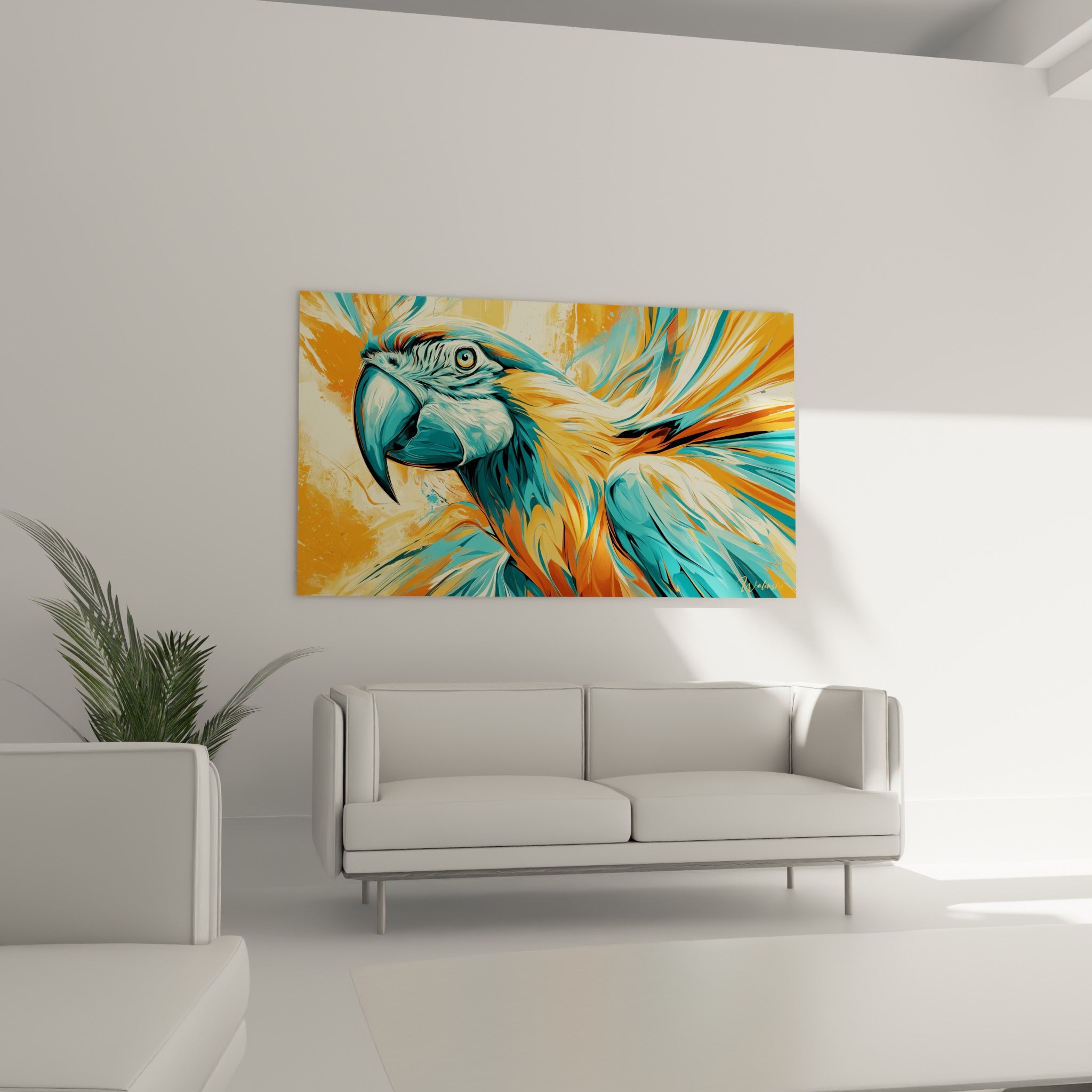 Tête de perroquet bleu et orange aux traits expressifs suspendue au-dessus d'un canapé dans un salon lumineux
