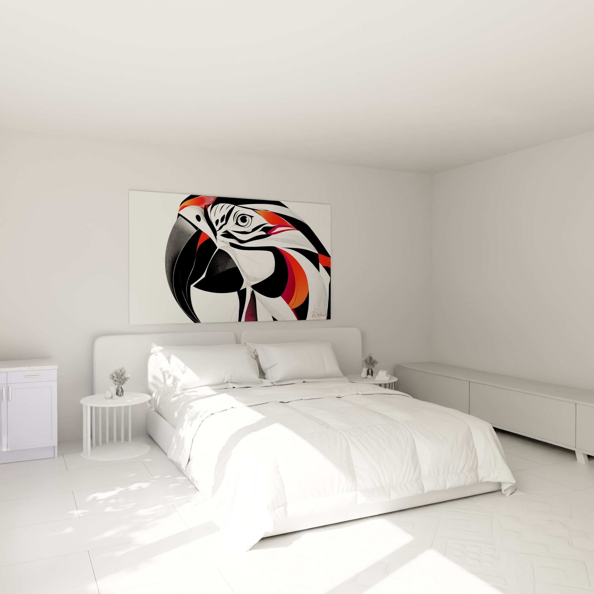 Tête de perroquet stylisée aux teintes orangées et anthracite, accrochée au-dessus d'un lit dans une chambre claire