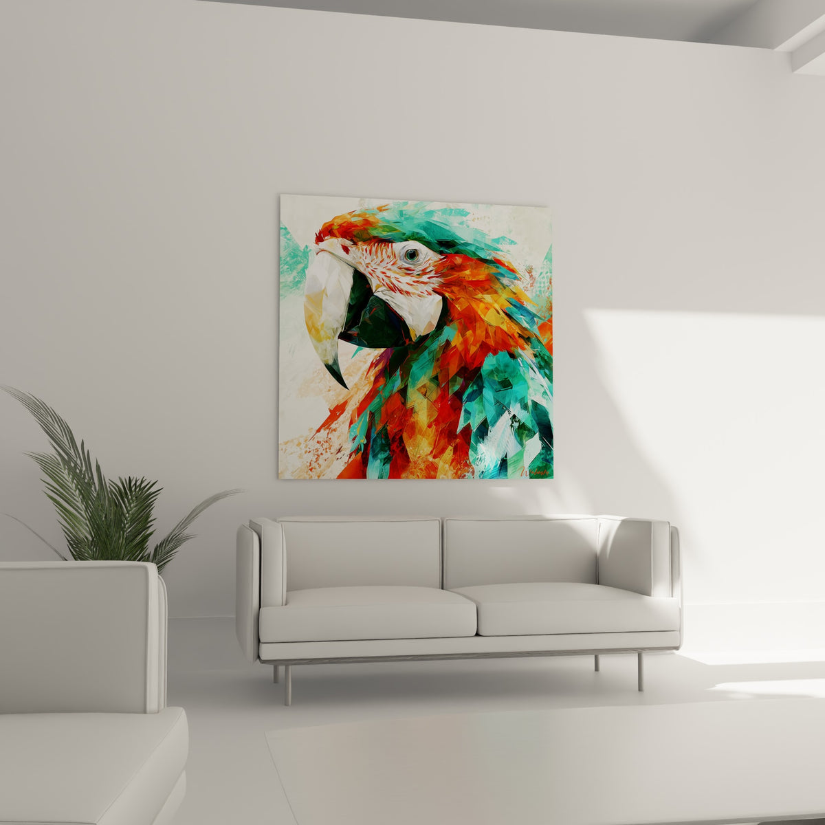 Tête de perroquet stylisée en orange vif et turquoise profond au-dessus d'un canapé dans un salon lumineux