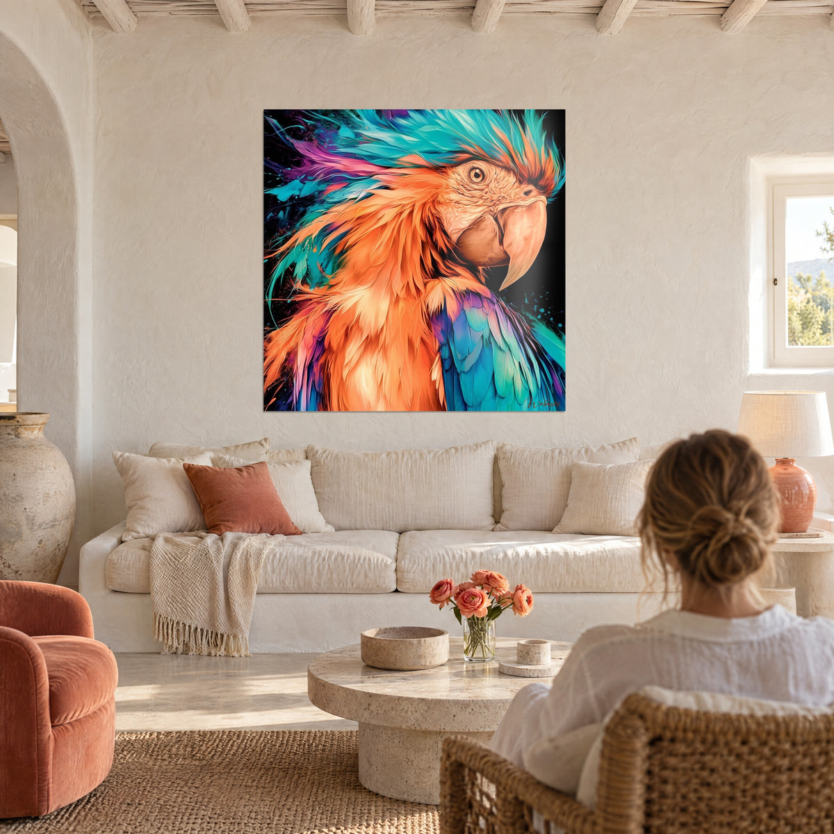 Gemälde Papagei Ara mit leuchtend orangefarbenem Gefieder und türkisfarbenen Federspitzen, schwarzer Hintergrund, über einem Sofa in einem hellen Wohnzimmer
