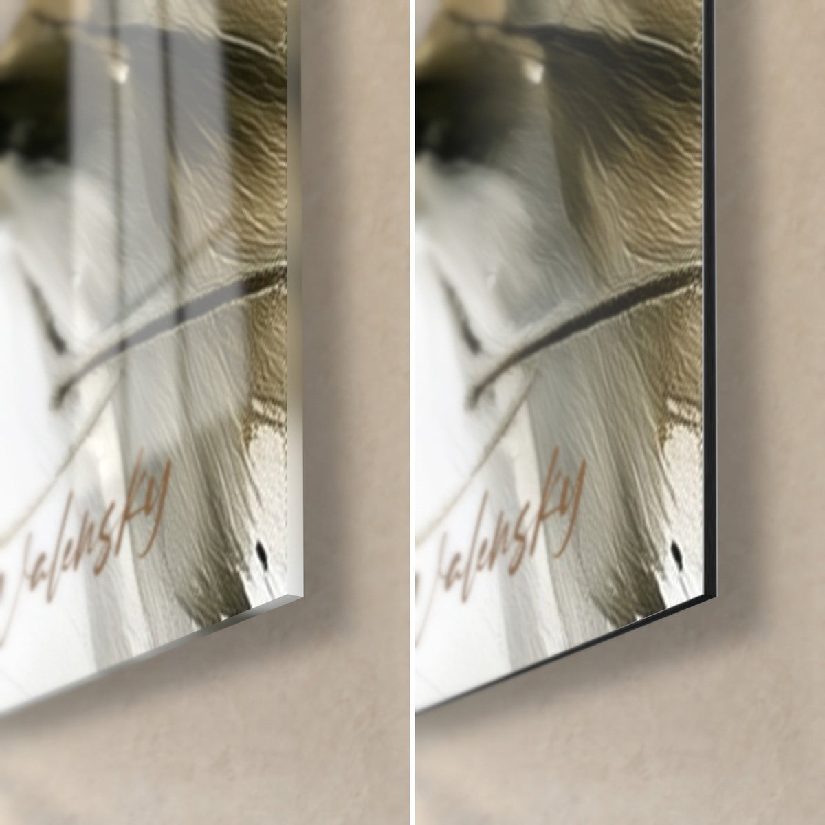 Wall art white-feathered bird with black lines, bottom right corner: glossy glass on the left, matte black Dibond on the right, 3 mm edge