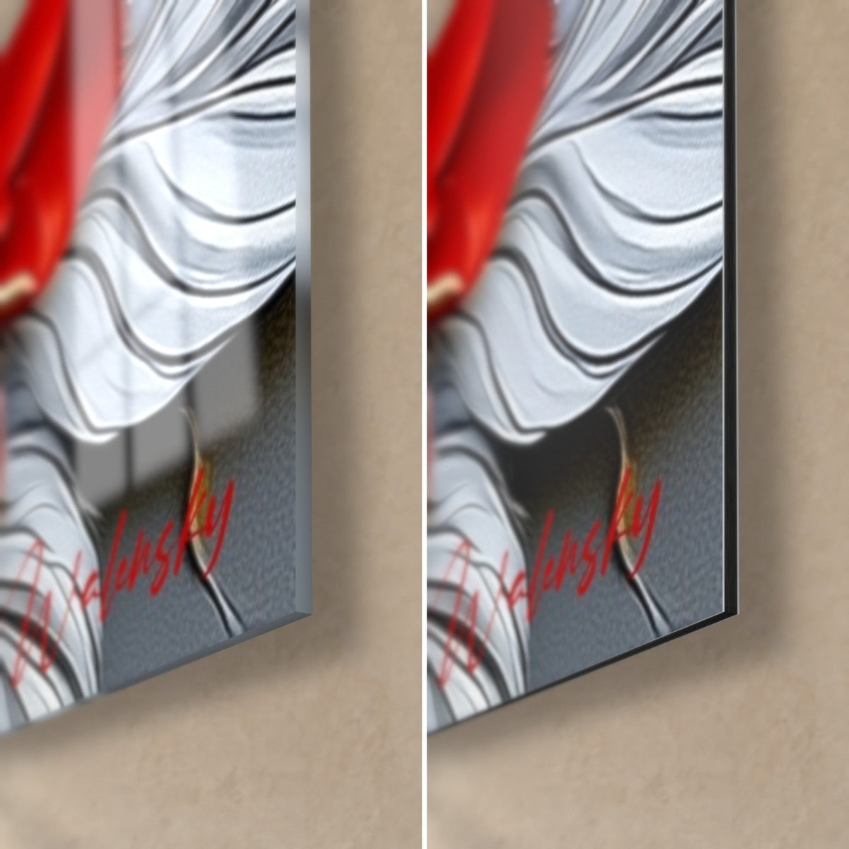 Cuadro Ave tropical, esquina inferior derecha: plumas grises y firma roja, cristal brillante con reflejos, aluminio Dibond mate, canto de 3 mm