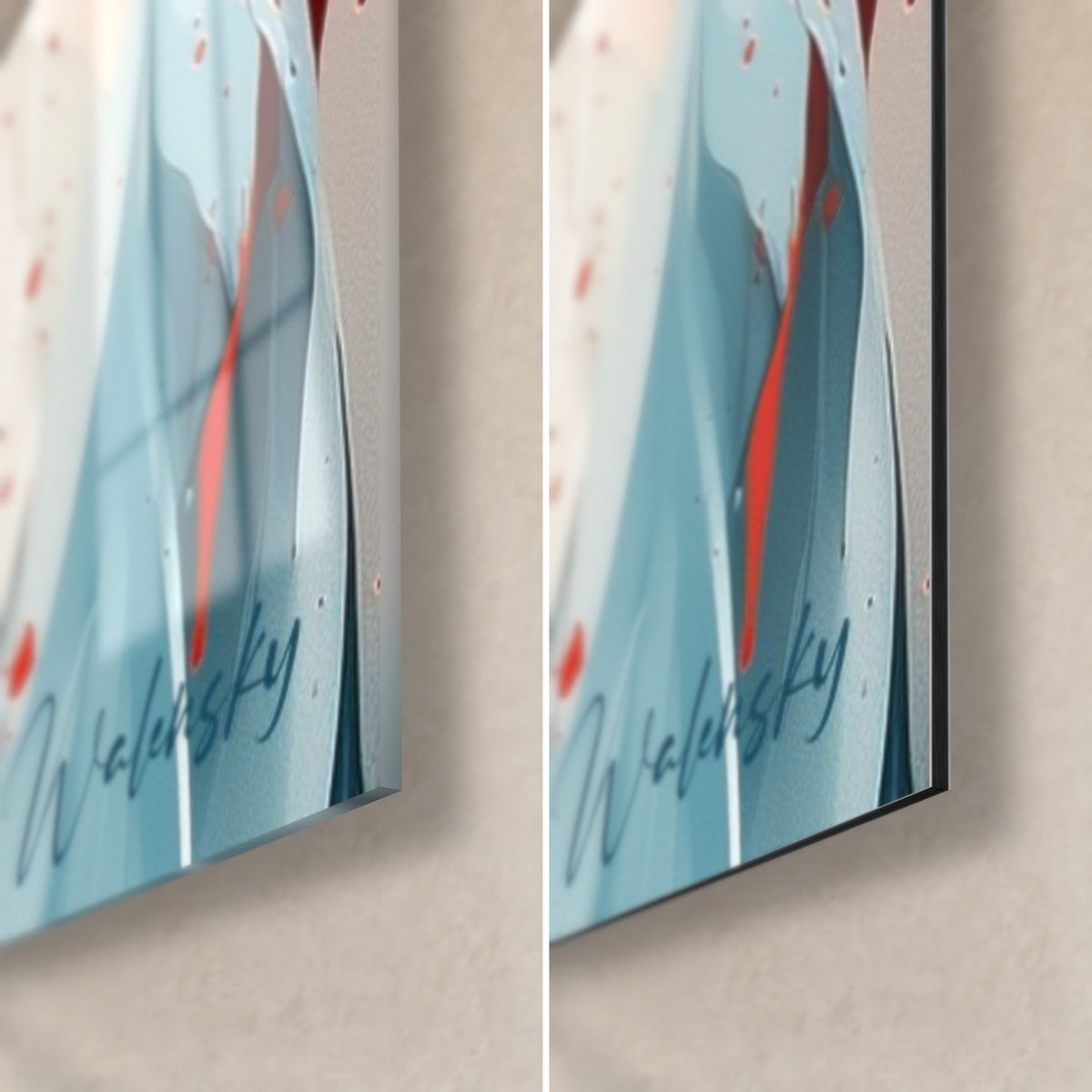 Wall art exotic bird with glacier blue and white plumage, Walensky signature in the corner, glossy glass over matte black Dibond