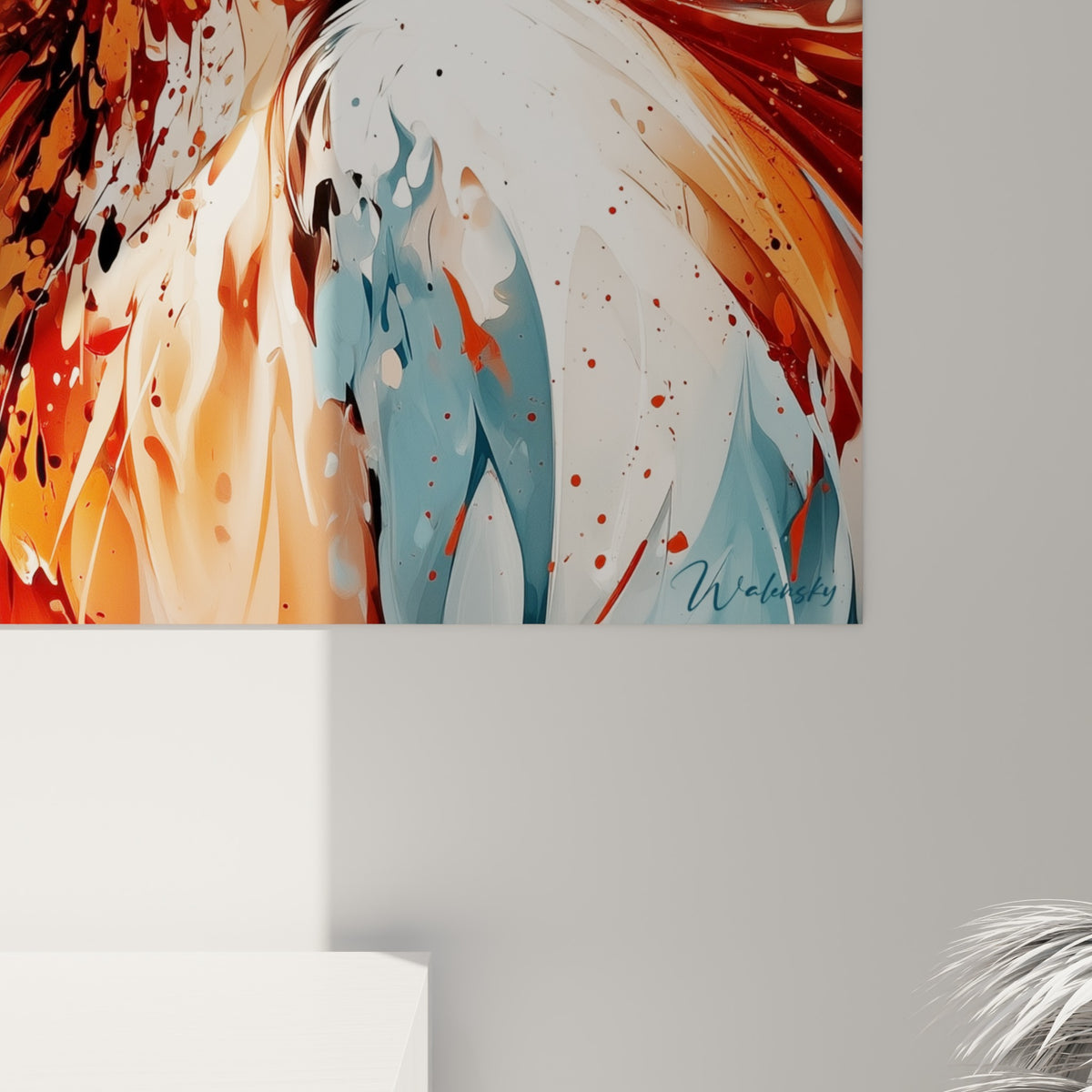 Empâtements orange et coulures bleu pastel visibles de près, matière dense sur fond anthracite éclaboussé
