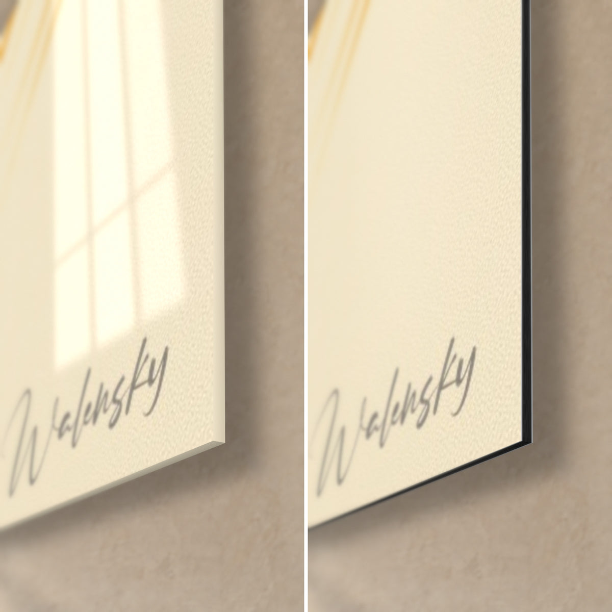Tableau oiseau exotique sur fond crème, coin bas droit : signature Walensky grise, verre acrylique brillant à gauche, Dibond noir mat à droite