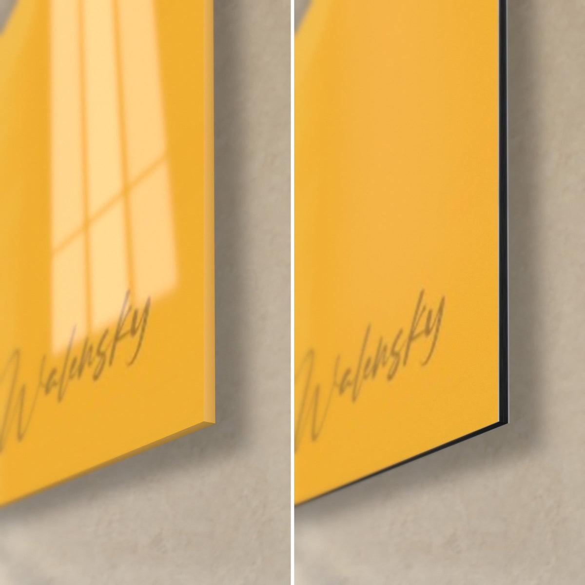 Wall art parrot in saffron yellow and black, bottom right corner: glossy acrylic glass on the left, matte Dibond aluminum on the right, 3 mm edge