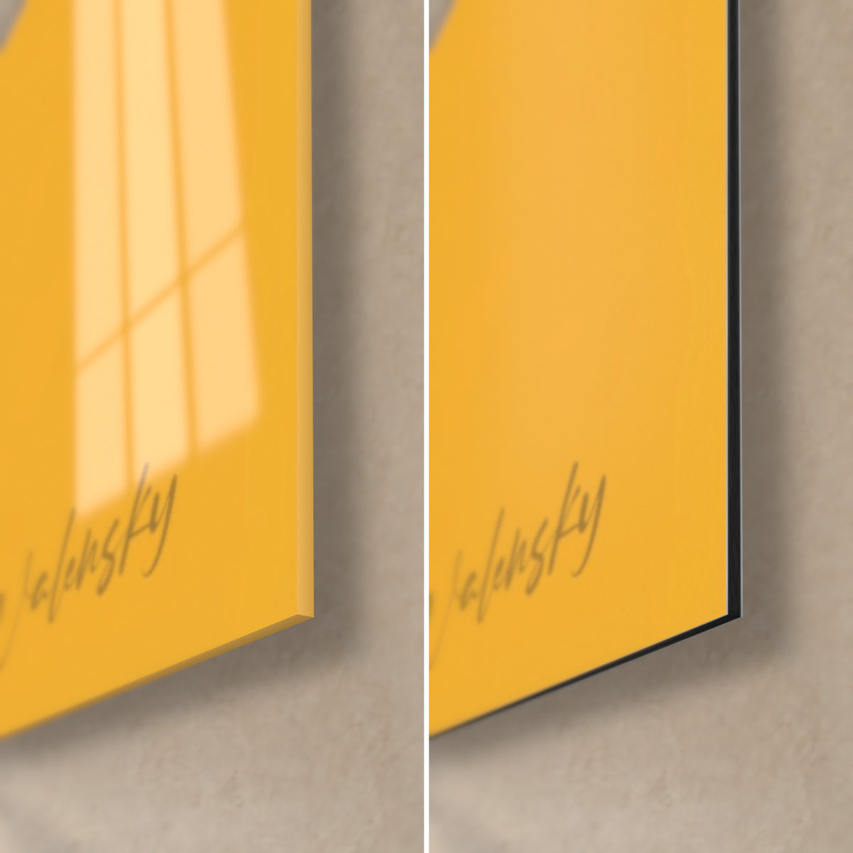 Wall art black and yellow macaw, bottom right corner: glossy acrylic glass with reflections, matte black Dibond aluminum, 3 mm edge