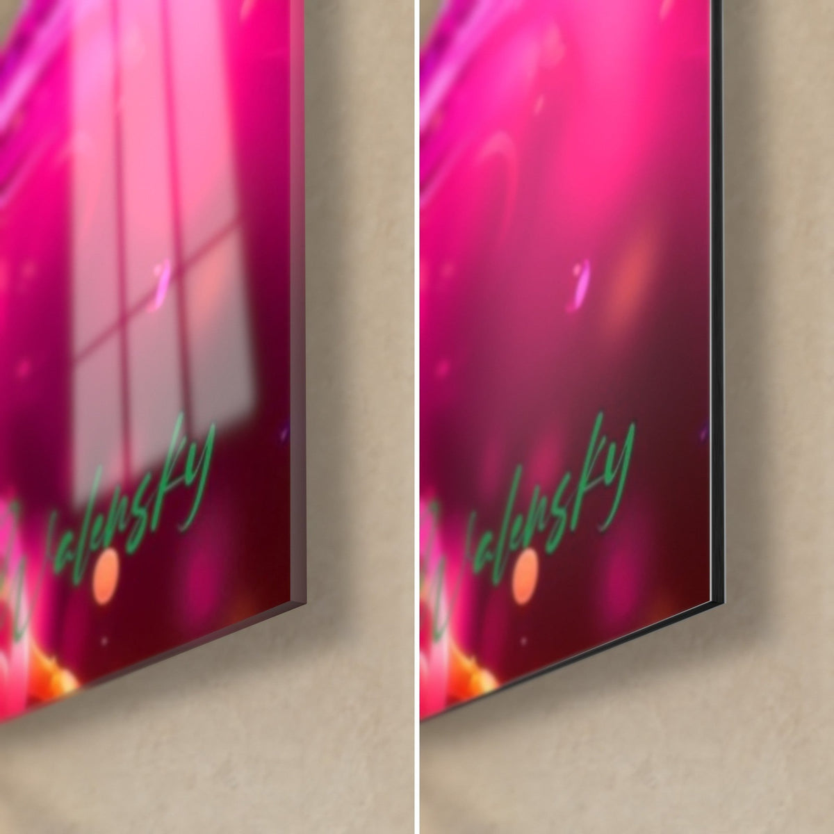 Gemälde Leuchtender Papagei, untere rechte Ecke: tiefrosa glänzendes Acrylglas links, matte Dibond-Aluminium rechts, 3 mm Kante