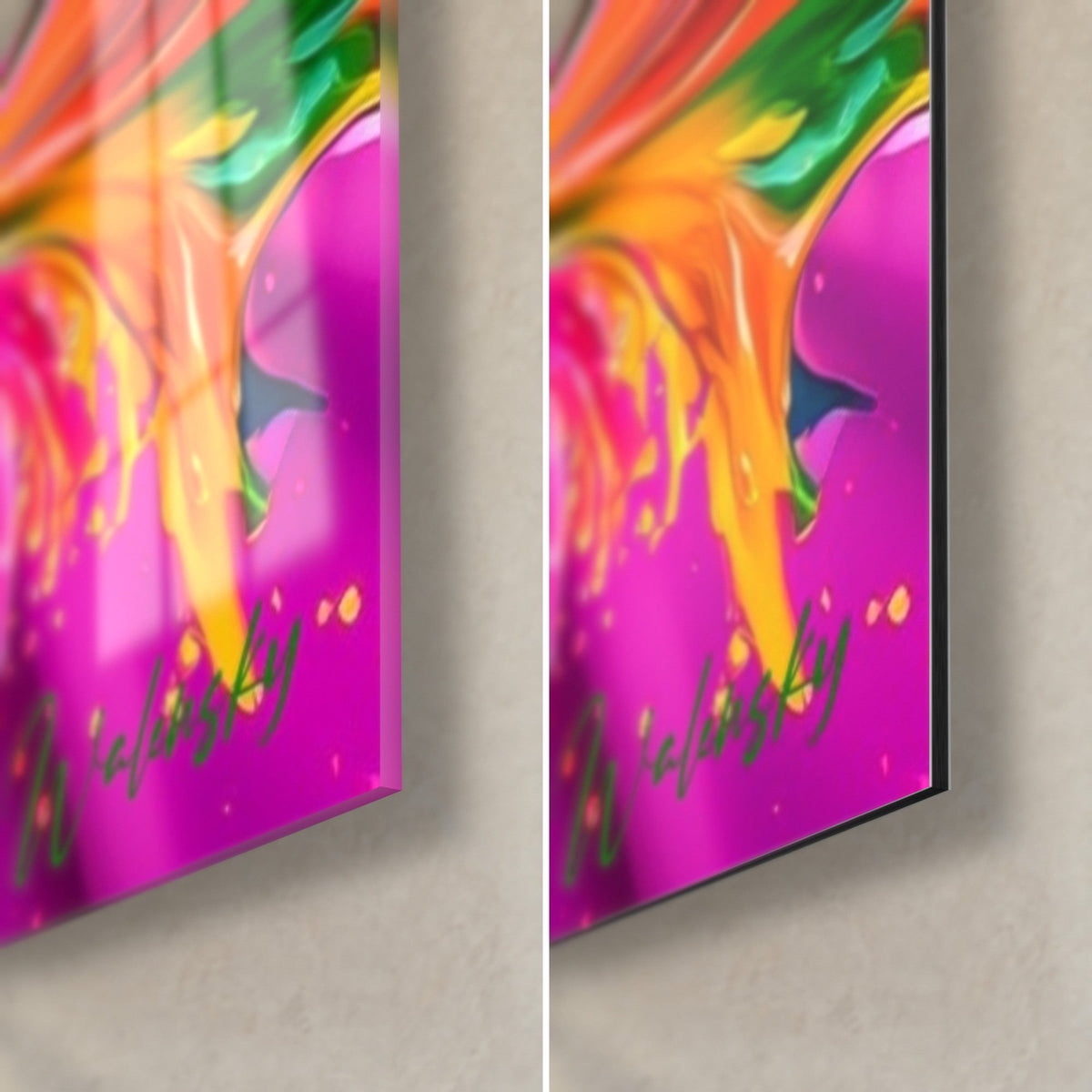 Gemälde buntes Papageienmotiv, untere rechte Ecke: glänzendes Acrylglas links, mattes Dibond rechts, 3 mm Kante, Rosa und Orange