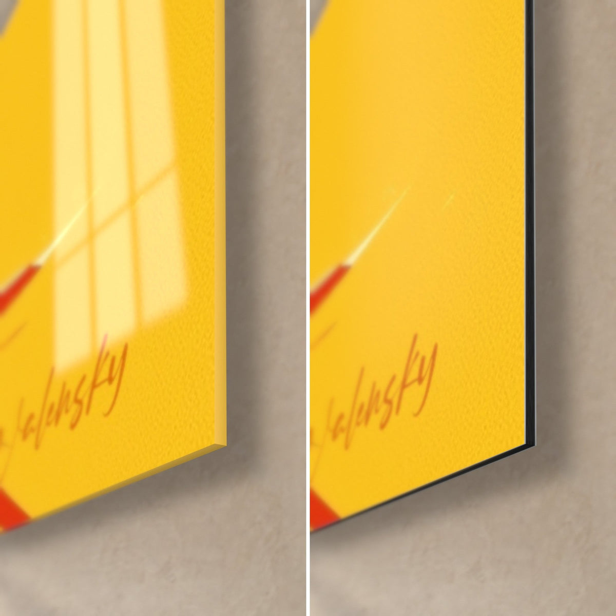 Schilderij ara geel en rood, rechter onderhoek: glanzend acrylglas links, mat zwart Walensky Dibond aluminium rechts, 3 mm rand