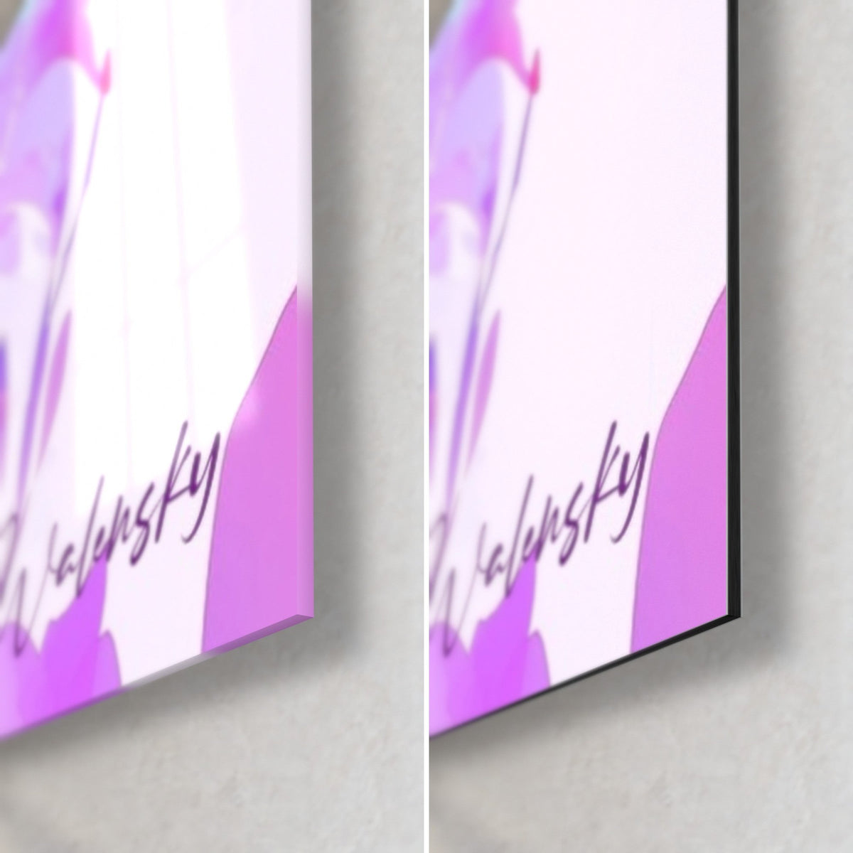 Quadro uccello esotico dalle piume viola e rosa, angolo in basso a destra, firma Walensky, vetro lucido e Dibond opaco, spessore 3 mm