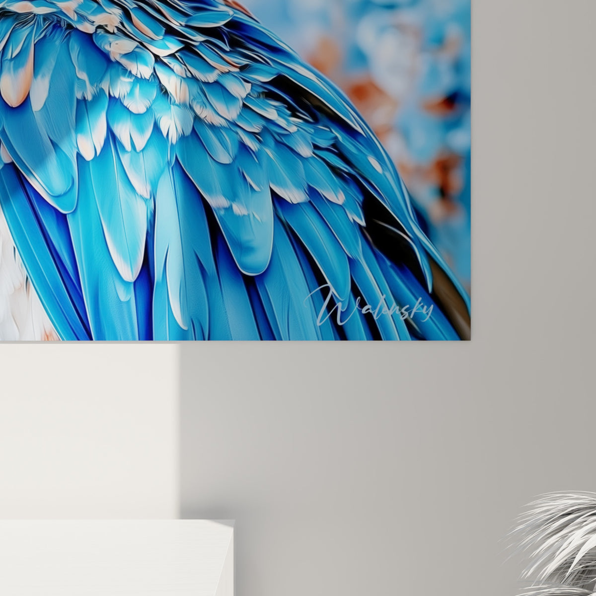 Empâtements bleu profond et blanc sur les plumes du perroquet, coulures ocre visibles dans la matière du tableau