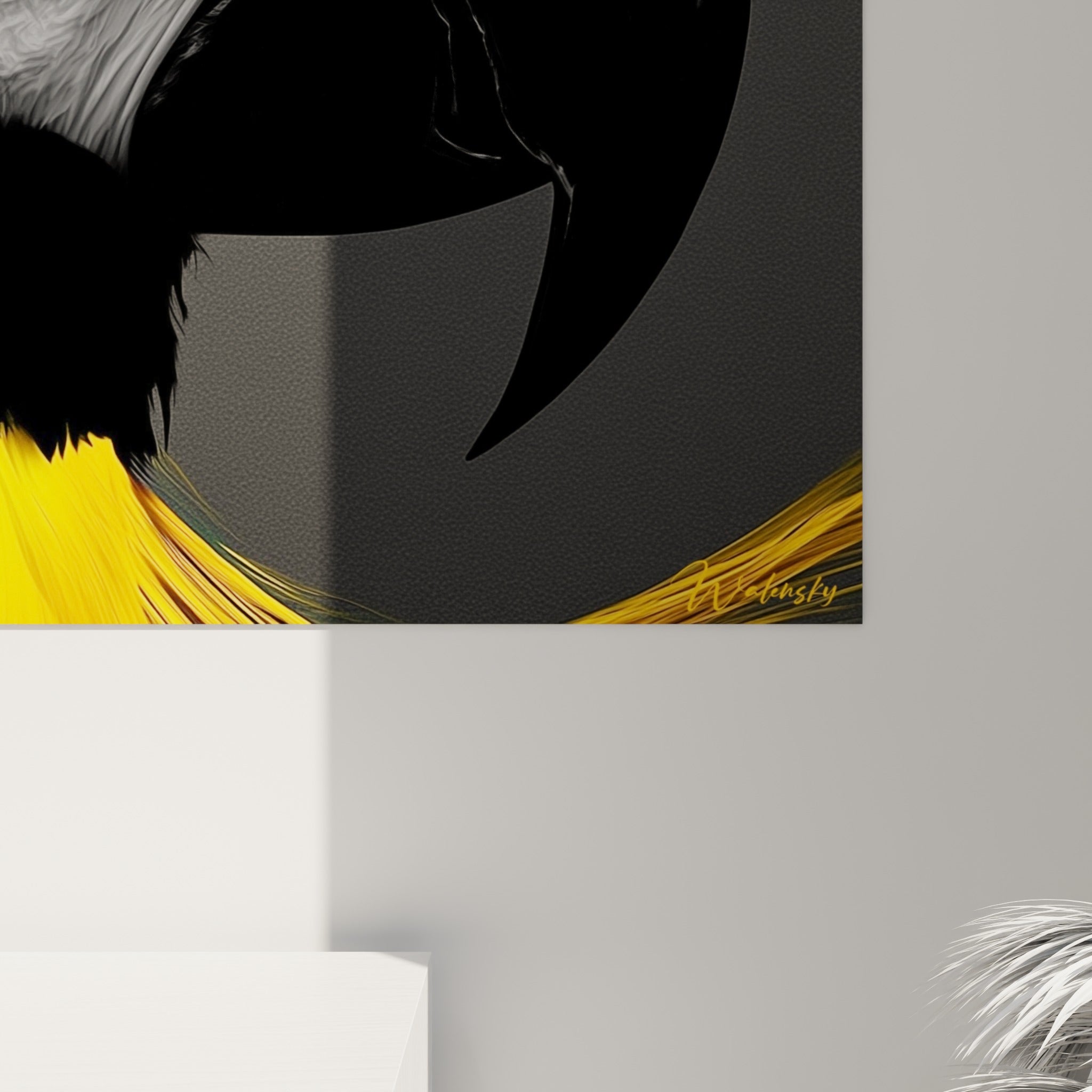 Détail des plumes jaunes et grises texturées, empâtements visibles autour de l'œil ambré du perroquet