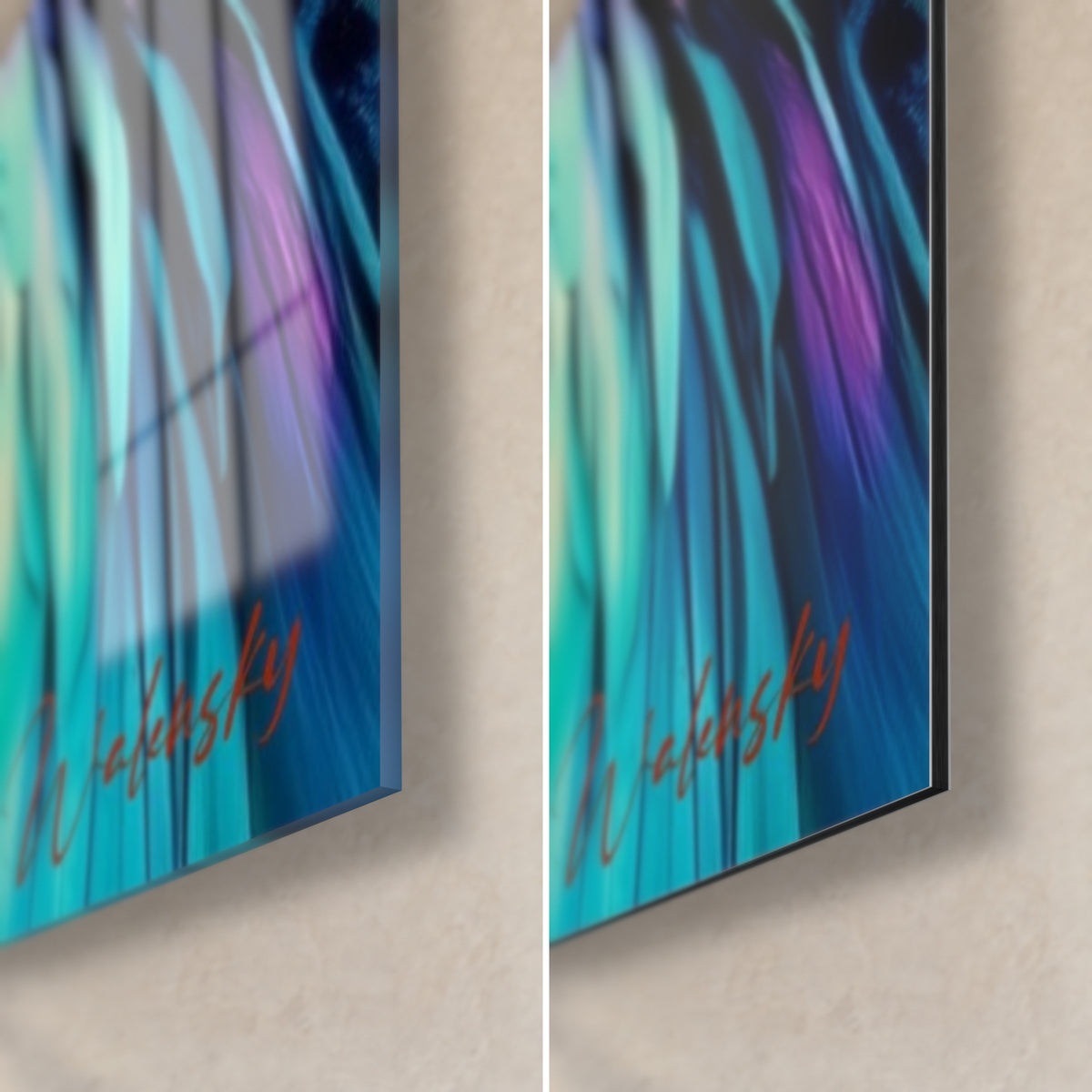 Gemälde exotischer Vogel, untere rechte Ecke: glänzendes Acrylglas links, matt Dibond rechts, türkisfarbene Federn und orangefarbene Signatur