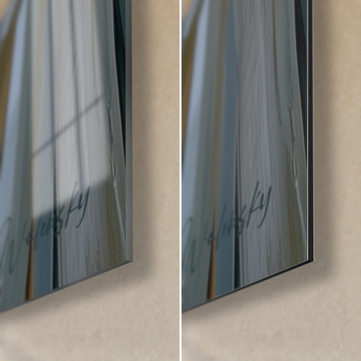 Gemälde goldener Ara, untere rechte Ecke: glänzendes Acrylglas mit bläulichen Reflexen, mattes graues Dibond-Aluminium und schwarze Kante von 3 mm