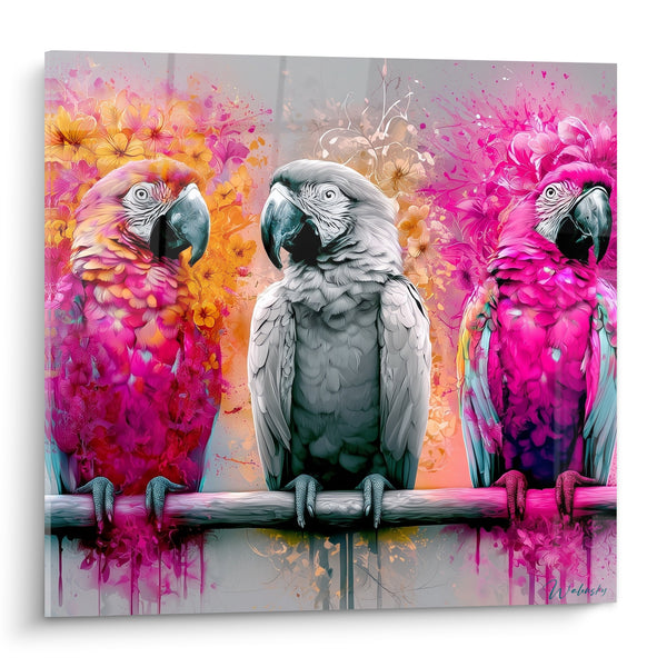 Tableau Trio de perroquets roses et gris perchés - Trio en confidence - Edition Perroquet