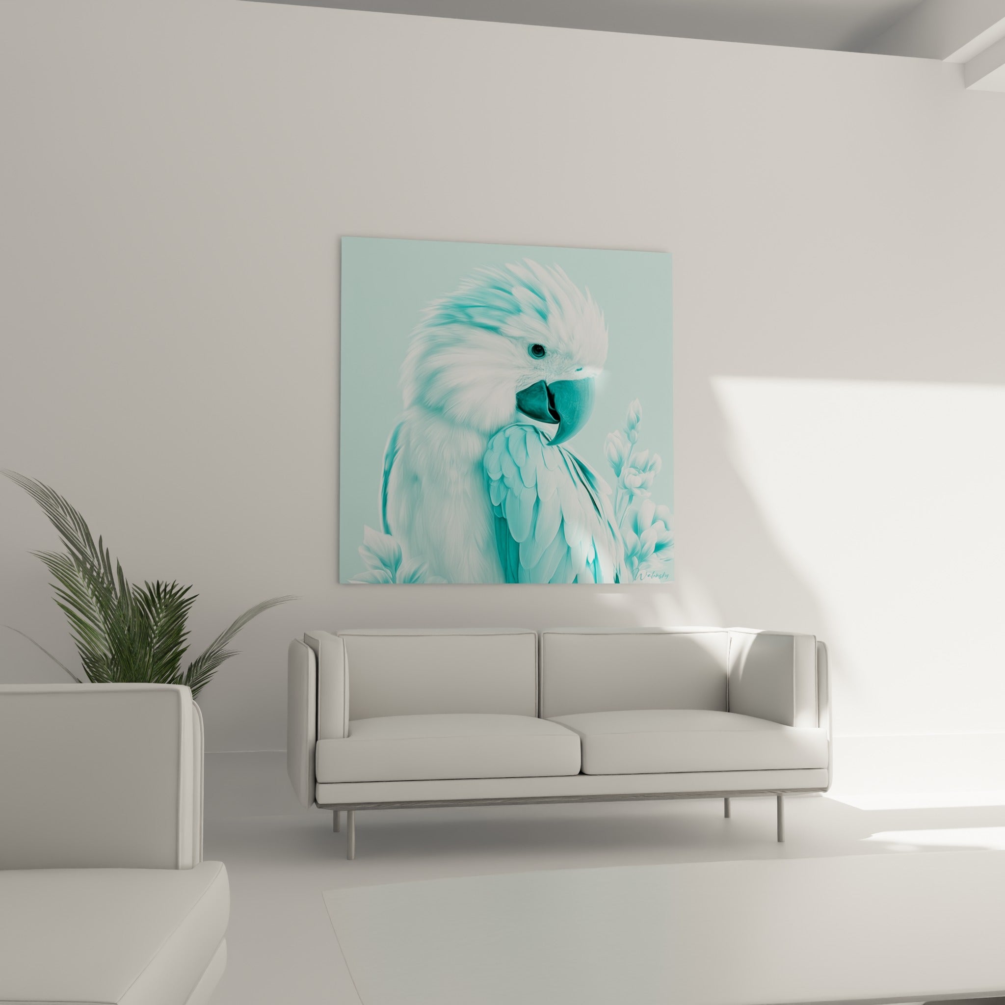 Perroquet turquoise et blanc au regard doux, plumage texturé, au-dessus d'un canapé dans un salon lumineux