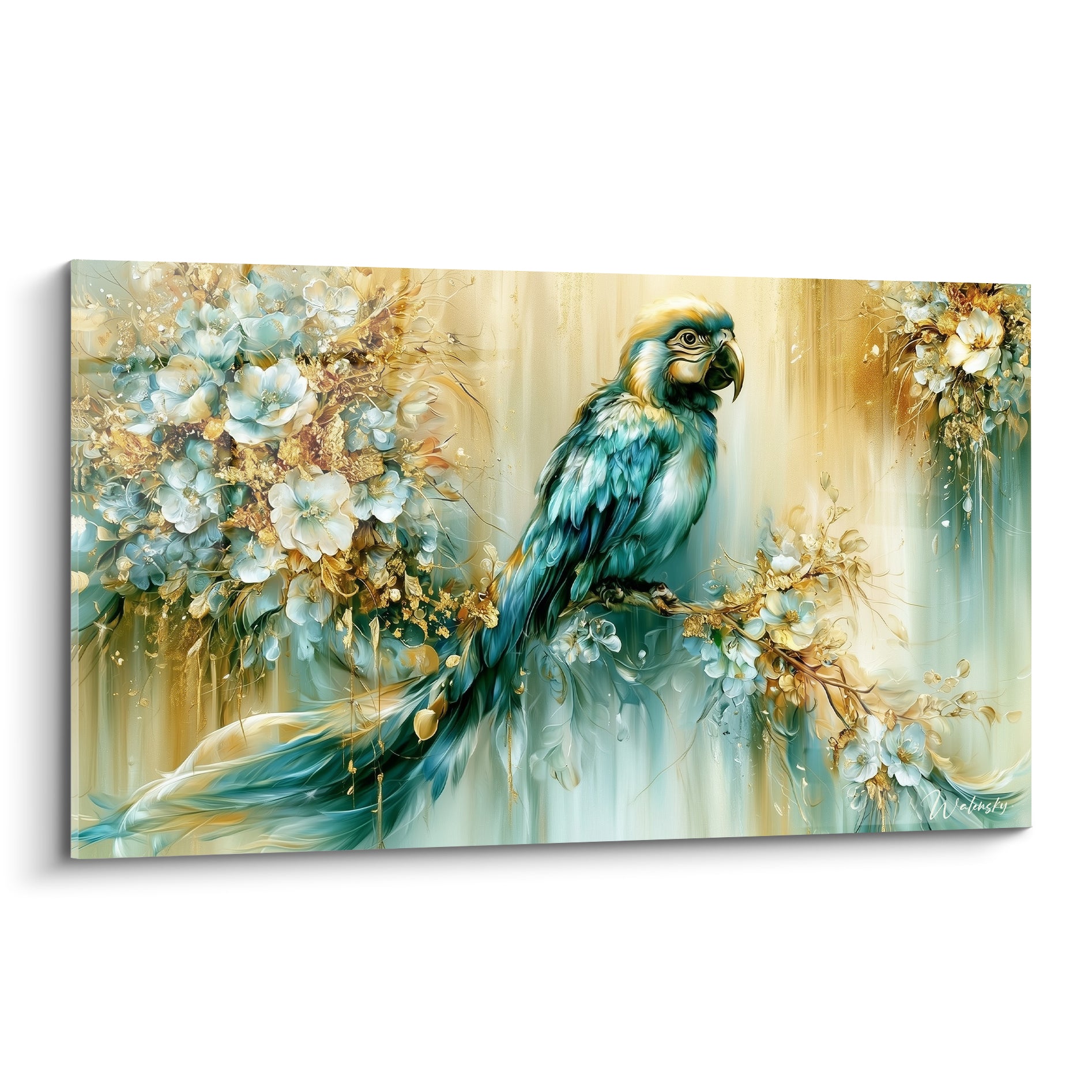 Perroquet turquoise et doré posé sur une branche fleurie, plumage détaillé aux reflets ambrés
