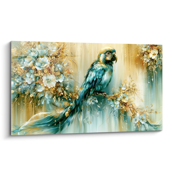 Perroquet turquoise et doré posé sur une branche fleurie, plumage détaillé aux reflets ambrés