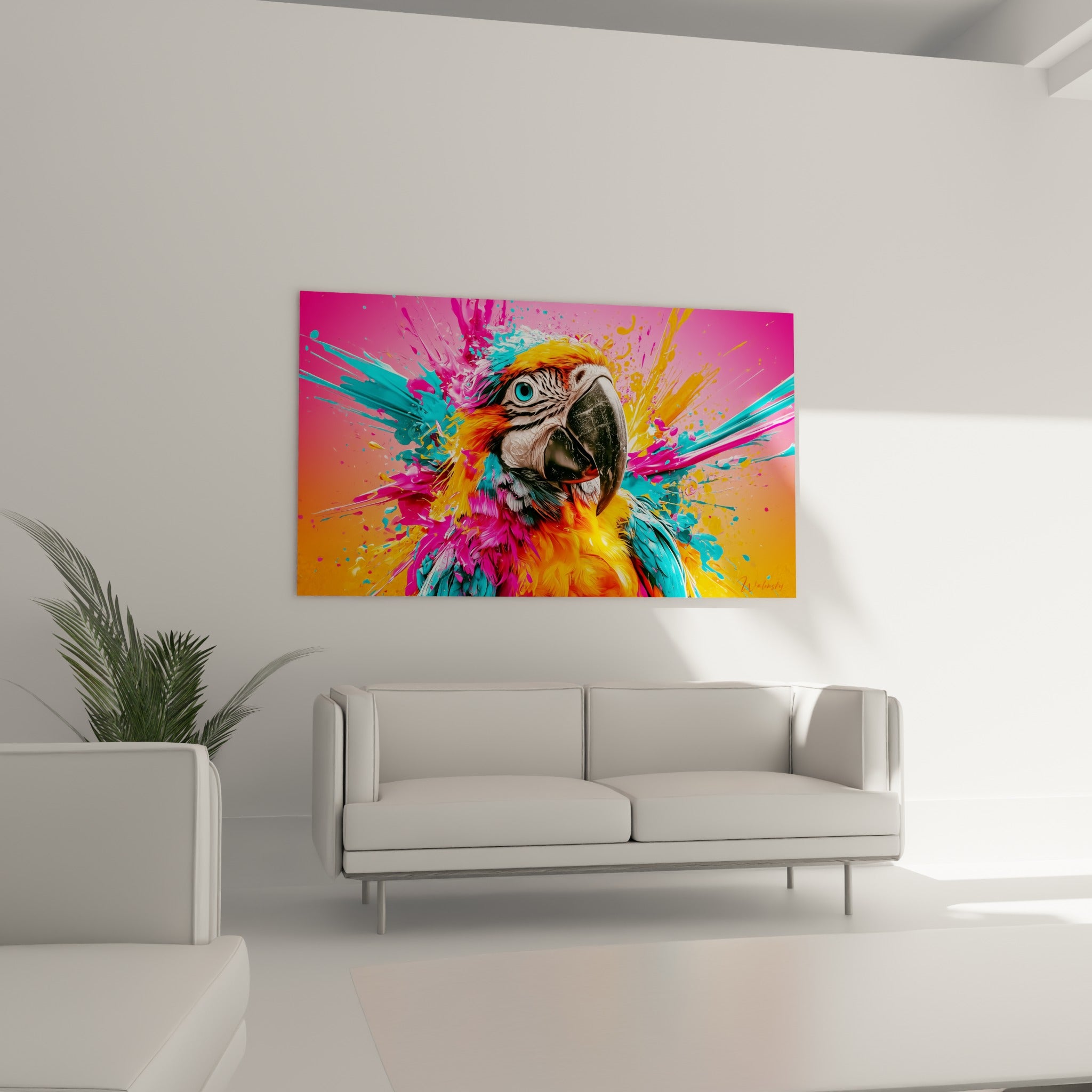 Bec sombre et plumage orangé du perroquet, explosion turquoise et rose, au-dessus d'un canapé dans un salon lumineux