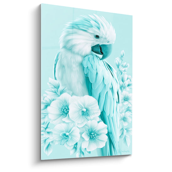 Tableau Perroquet blanc et bleu turquoise fleuri - Songe glacé - Edition Perroquet
