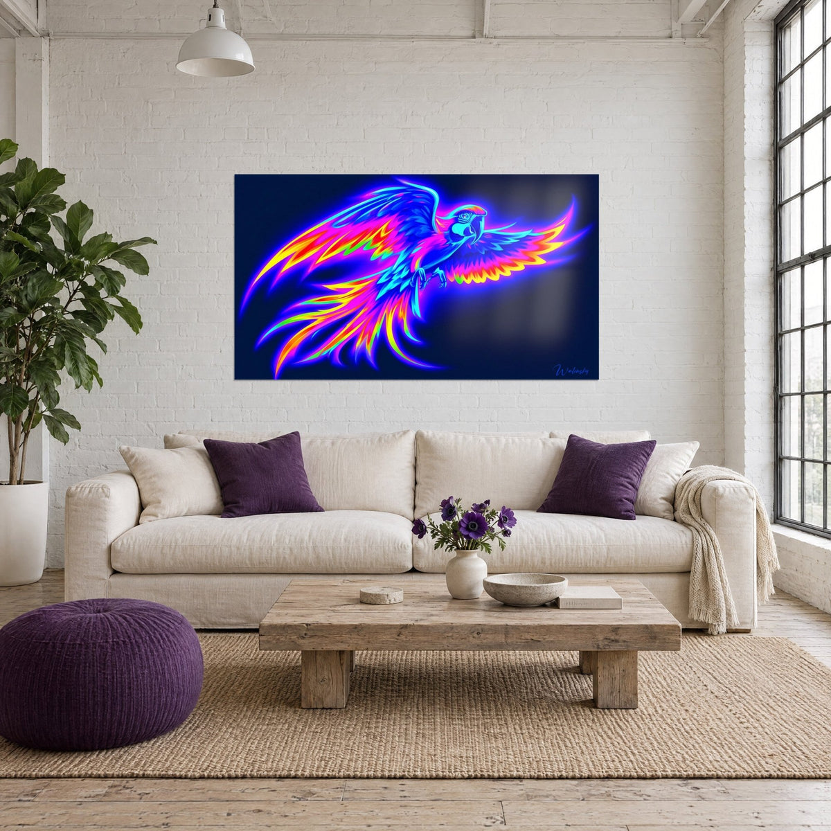 Wall art neon macaw with wings spread wide, electric blue and fuchsia pink, lemon-yellow feathers, above a sofa in a bright living room