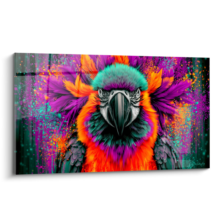Tableau Ara turquoise et violet au bec noir massif - Éclaboussures de peinture fluorescente - Edition Perroquet