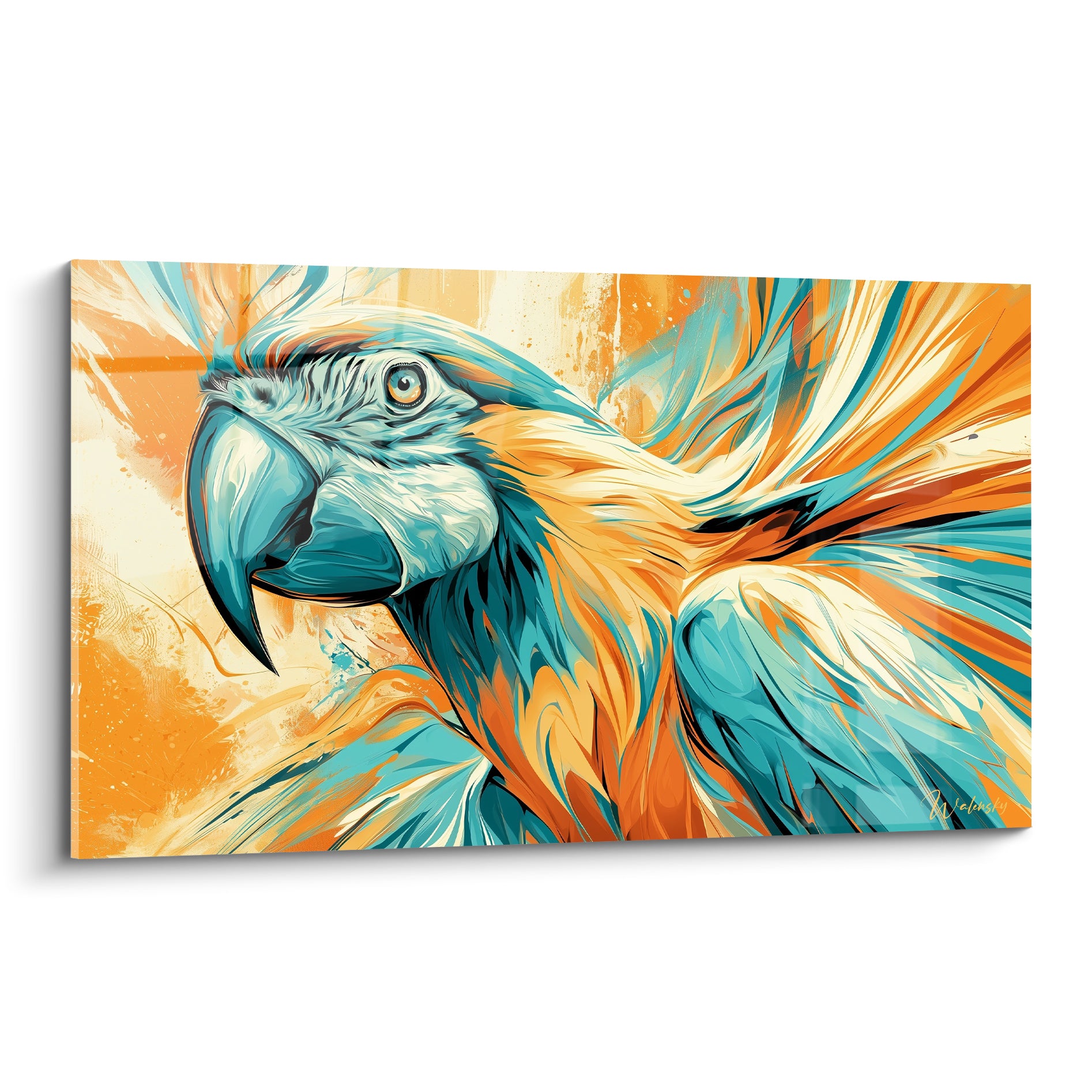 Perroquet turquoise et orange peint en plein envol, bec bleu profond, plumes vibrantes déployées