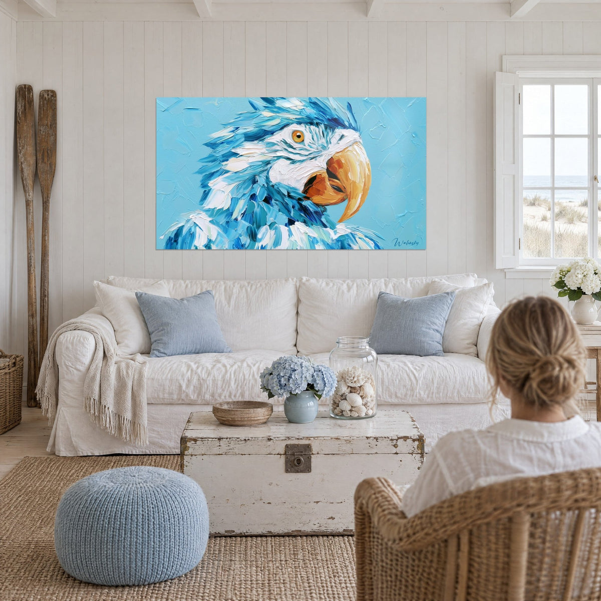 Wall art blue parrot with a bristling crest, orange eye and golden beak, turquoise background, above a sofa in a bright living room