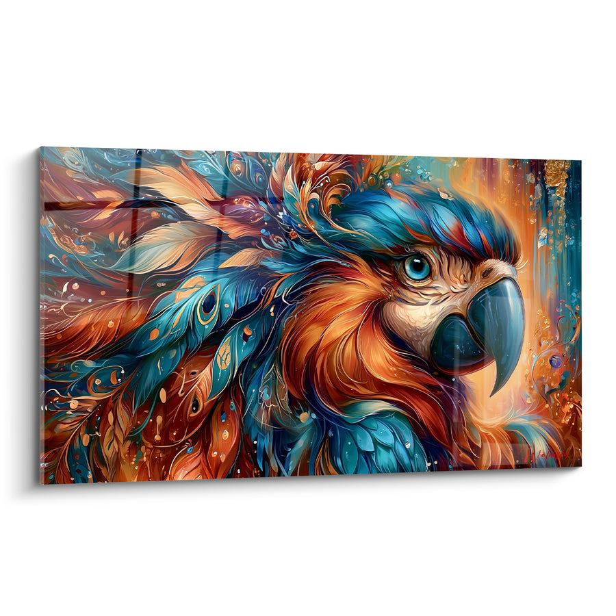 Tableau Perroquet stylisé bleu turquoise et roux flamboyant - Transe chromatique - Edition Perroquet