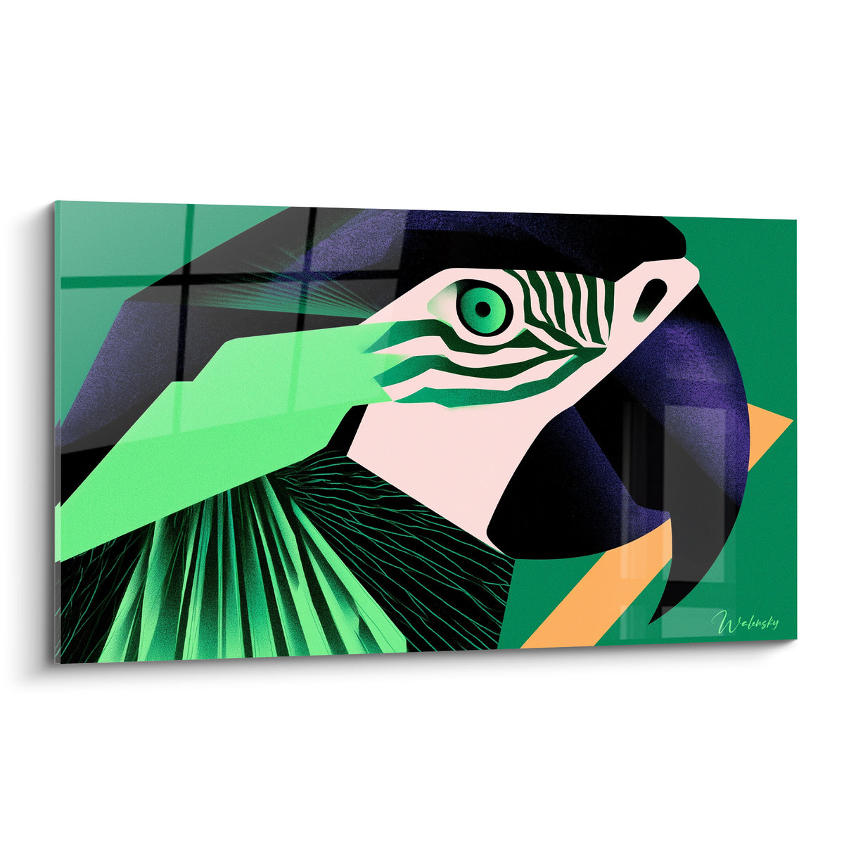 Perroquet stylisé vert émeraude et noir, oeil perçant, formes géométriques anguleuses, touche orange vive