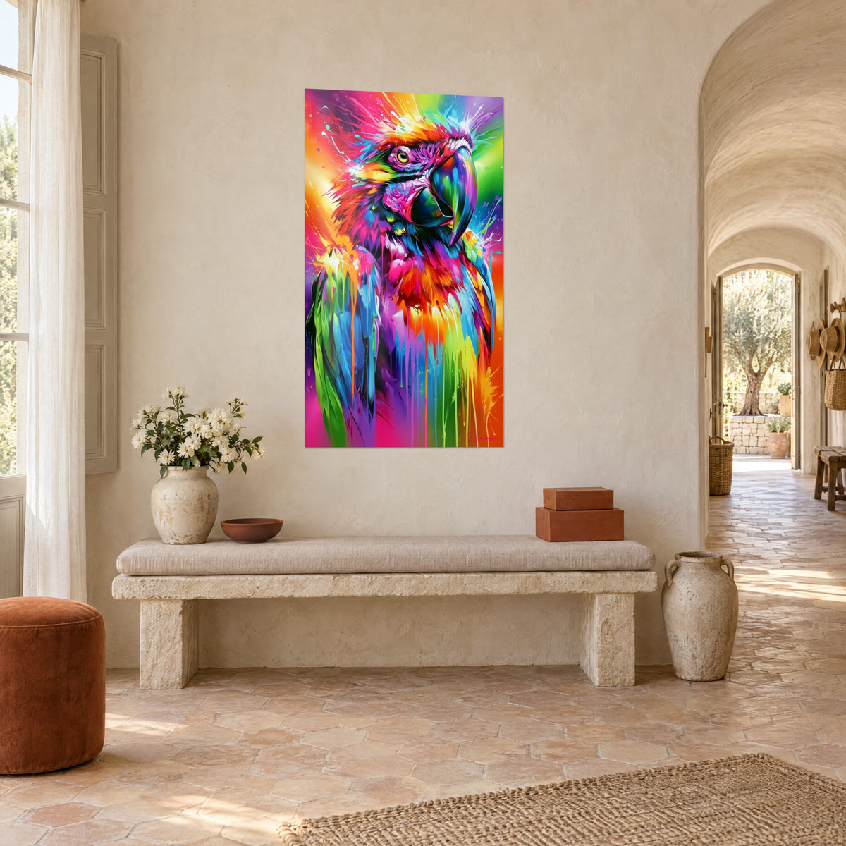 Tableau ara multicolore au bec noir brillant, éclaboussures jaune vif et vert, sur un mur crème d'un mas provençal, vue de trois-quarts