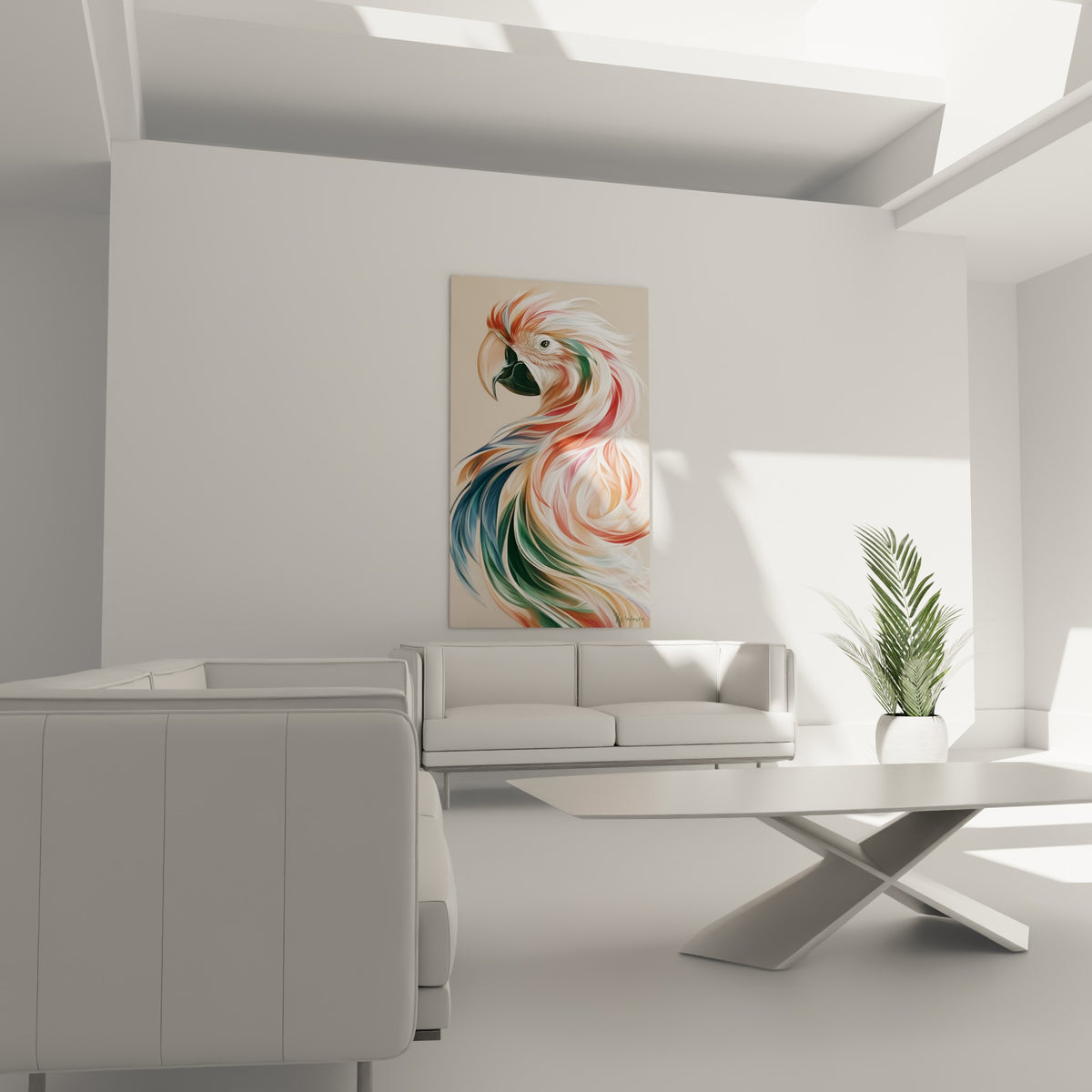 Perroquet aux plumes vertes et roses tourbillonnantes accroché au-dessus d'un canapé dans un salon lumineux