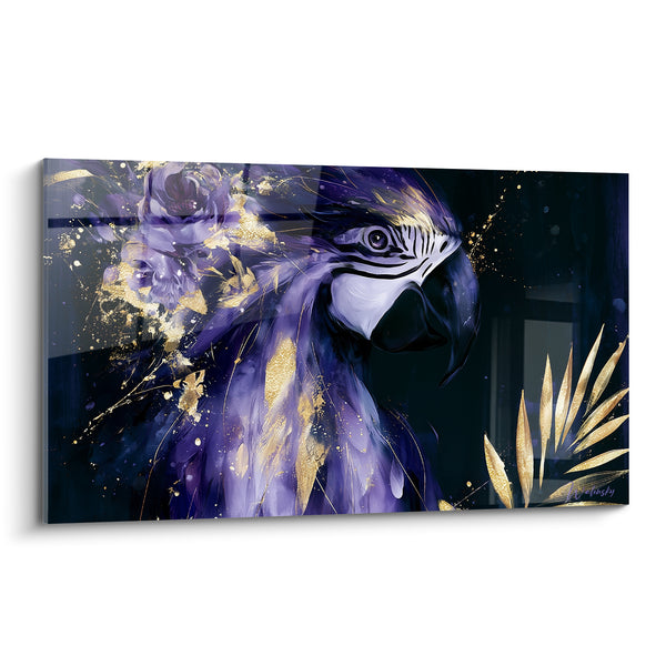 Tableau Ara violet et doré près d'une fleur - Feuillage doré nocturne - Edition Perroquet