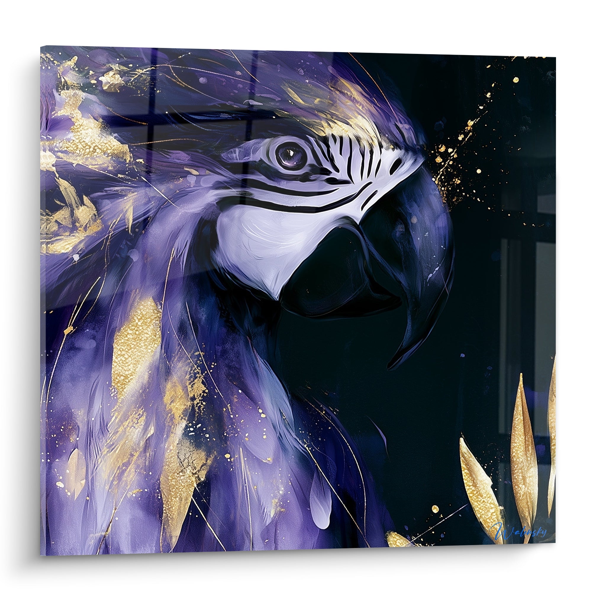 Perroquet ara violet et doré au regard perçant sur fond noir profond, style pictural intense