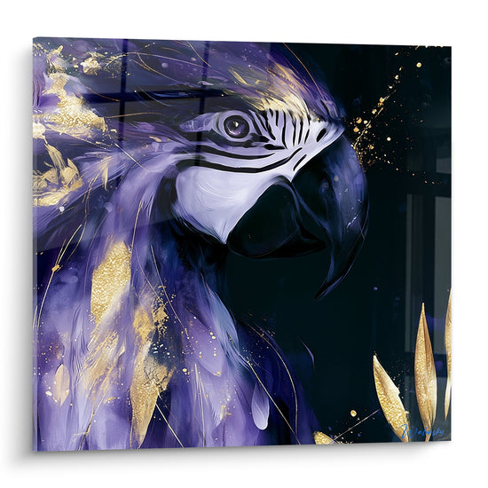 Perroquet ara violet et doré au regard perçant sur fond noir profond, style pictural intense