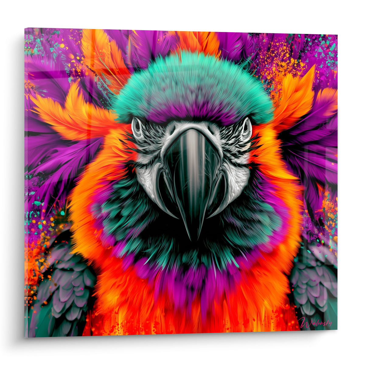 Perroquet au regard fixe, plumes violettes, orange et turquoise en explosion picturale