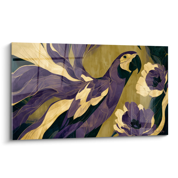 Tableau Ara violet et doré près d'anémones - Plumage aux lignes filigranées - Edition Perroquet