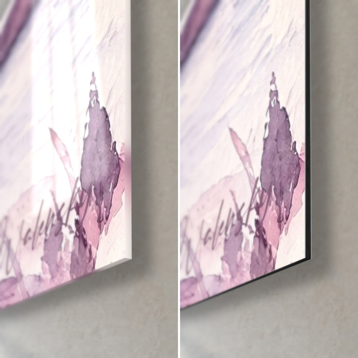Tableau falaise bretonne à l'aquarelle, coin bas droit en verre acrylique brillant et alu Dibond mat, mauve et blanc, tranche 3 mm