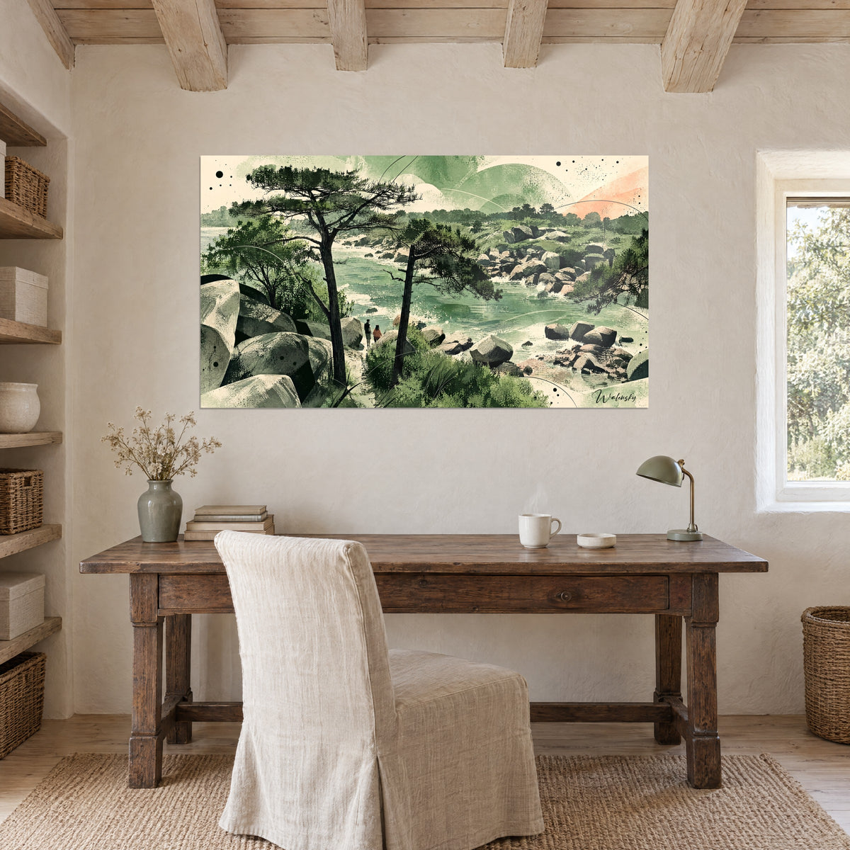 Tableau chaos granitique breton, pins noirs en premier plan, flots vert d'eau et ciel crème orangé, au-dessus d'un bureau en bois ancien