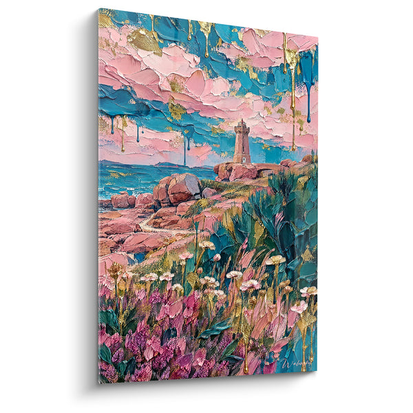 Tableau Phare rose et bleu aux rochers fleuris - Lumière côtière - Edition Perros-Guirec Bretagne France