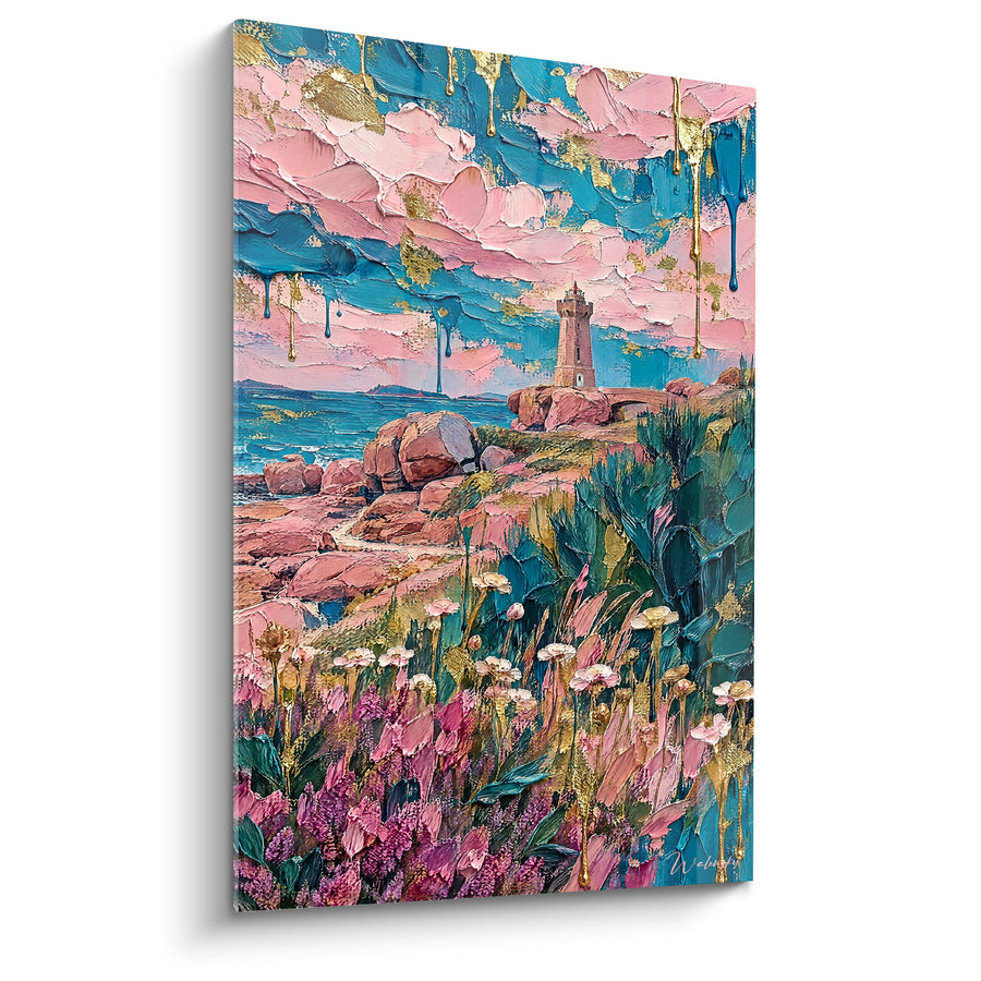 Tableau Phare rose et bleu aux rochers fleuris - Lumière côtière - Edition Perros-Guirec Bretagne France