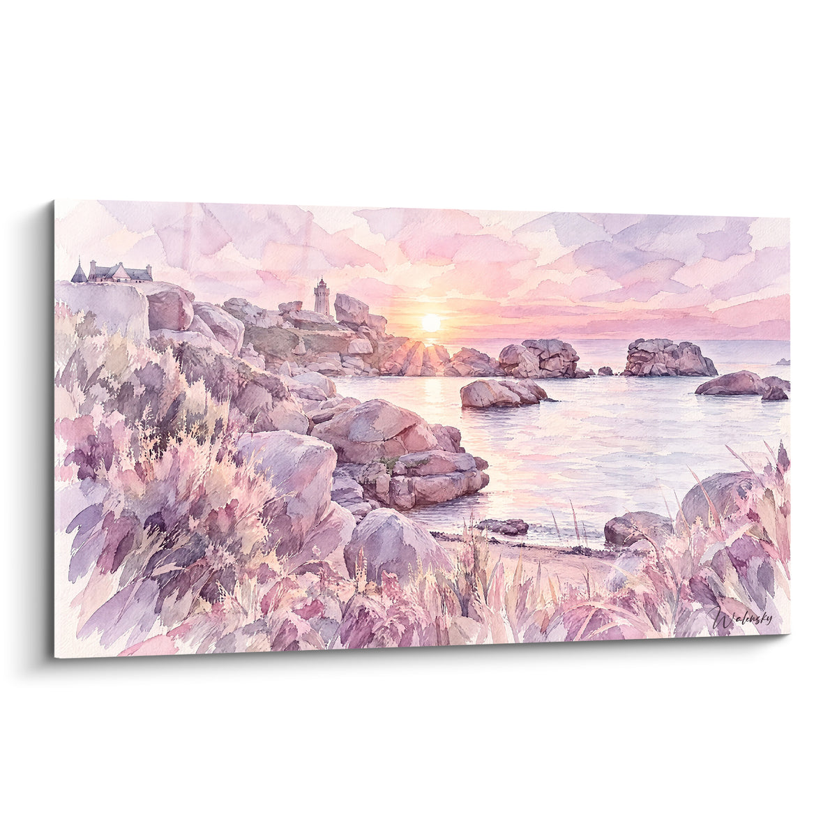 Cuadro faro de Perros-Guirec alzado sobre rocas rosas, acuarela en tonos malva y melocotón al atardecer
